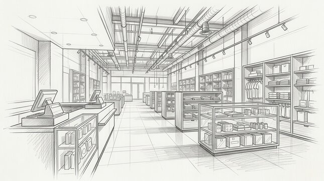 Architectural pencil sketch of a modern retail store interior with metal pipe ceiling.