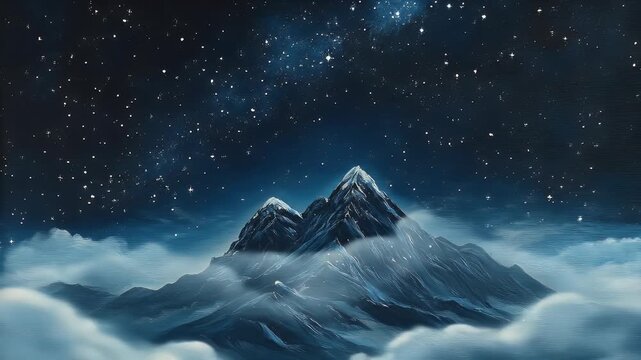 Jagged peaks poke through cloudscape under starry night sky; dreamy