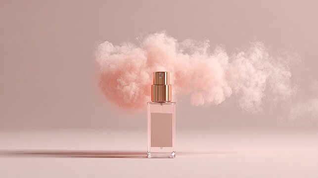 Elegant perfume bottle with pink cloud on soft background