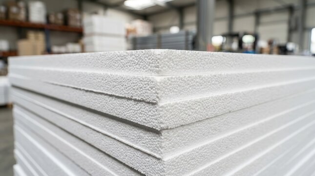 Stack of white expanded polystyrene (EPS) foam insulation boards in a construction warehouse.