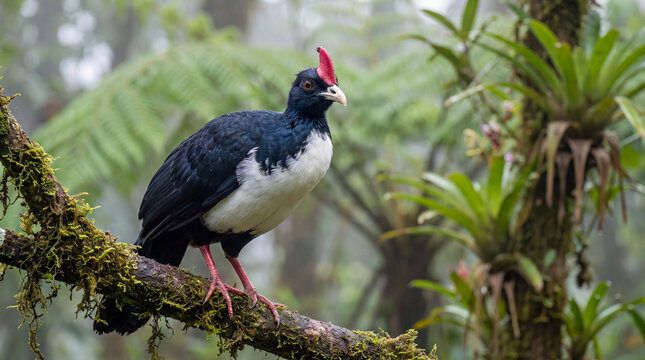 Helmeted Curassow perched on a mossy branch in a misty cloud forest, showing its unique red helmet-like casque in its natural humid habitat.