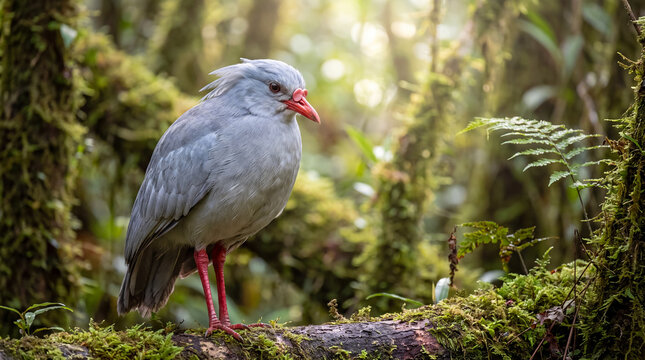 Kagu bird with vivid red legs standing on a mossy log within a dense green tropical rainforest in its native environment.
