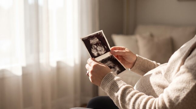 Pregnant woman in knit sweater holding sonogram scan photo in bright domestic setting