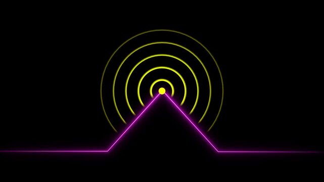 Glowing neon line animated by radio wave animation on a black screen background. Radio wave tower connective network and signal waves. Radio waves signal animation.