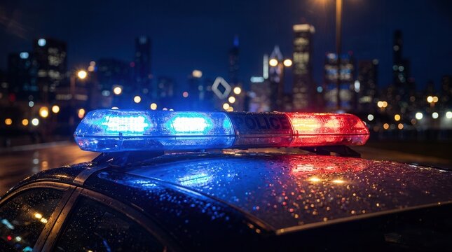 Flashing blue and red lights of a police car displaying authority against a city night skyline