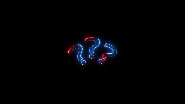 Glowing neon question mark icon animation quiz confusion mark problem game challenge idea decision answer punctuation mark sign symbol on black background.