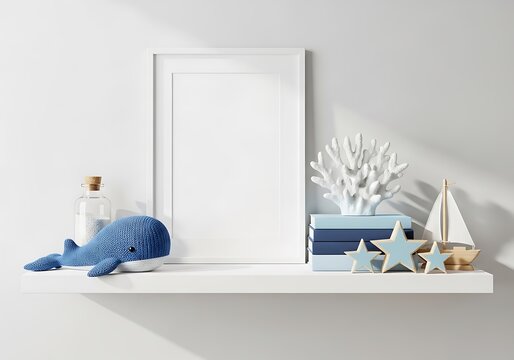 Nautical Themed Nursery Mockup with Blank Frame on White Shelf