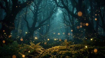 Fototapeta premium Enchanted forest clearing with fireflies and magical creatures celebrating amidst fairy dust