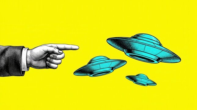 Science of cosmos concept with a male hand pointing at a ufo on a yellow background