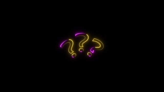 Glowing neon question mark icon animation quiz confusion mark problem game challenge idea decision answer punctuation mark sign symbol on black background.