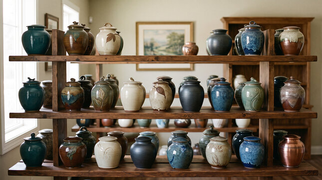 Display of various cremation urns on wooden pedestals inside a funeral home showroom.