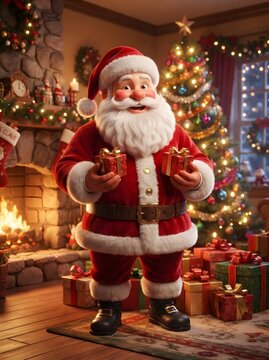Festive Santa Claus holding gifts in a cozy living room with a decorated Christmas tree