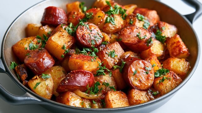 Savory roasted potatoes cooked with sliced kielbasa sausage and fresh green parsley herbs in a black cast iron skillet pan, perfect for dinner recipes, pub food menus, rustic home cooking photos