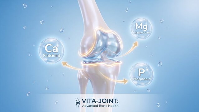 Human knee joint anatomy with calcium magnesium and phosphorus bubbles, medical bone health supplement concept, orthopedic care illustration 4K