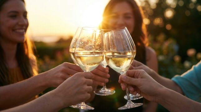 During sunset, a clique of female friends cheers with glasses of white wine in a close-up shot.