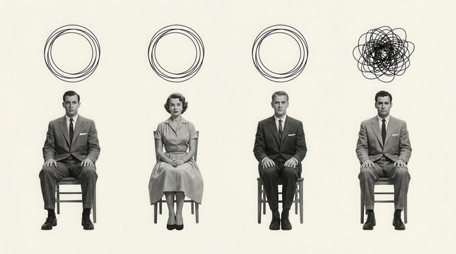 Mental health and psychology conceptual art featuring young people on chairs with clear circles and one man with tangled thoughts.