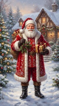 Festive santa claus with gifts and decorated christmas tree in winter wonderland illustration