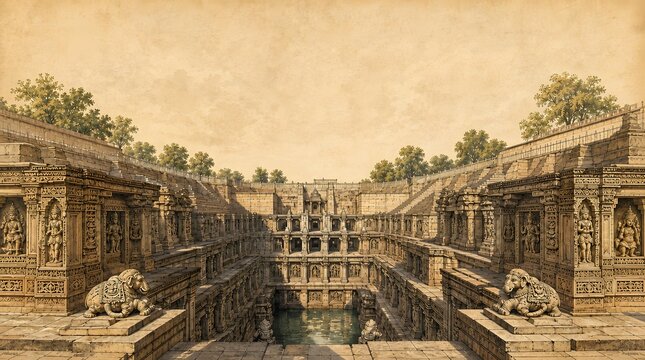 Indian Ancient Rani Ki Vav Stepwell Carved Sculpture Vintage Background