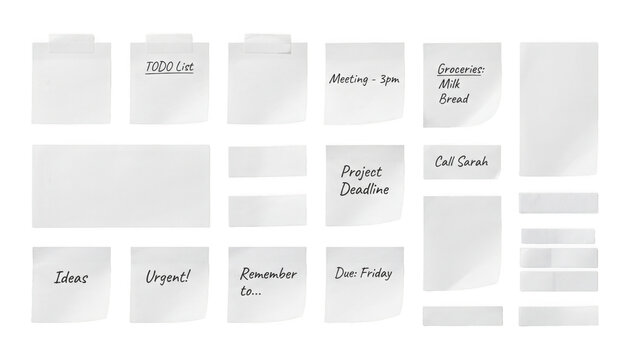 Set of various blank sticky notes and paper labels for office organization