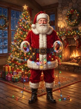Festive Santa Claus untangling christmas lights in a cozy living room setting