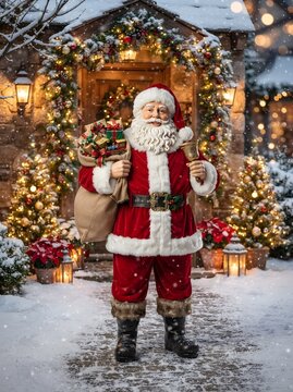 Festive Santa Claus with gifts stands outside a decorated home during a snowy winter holiday
