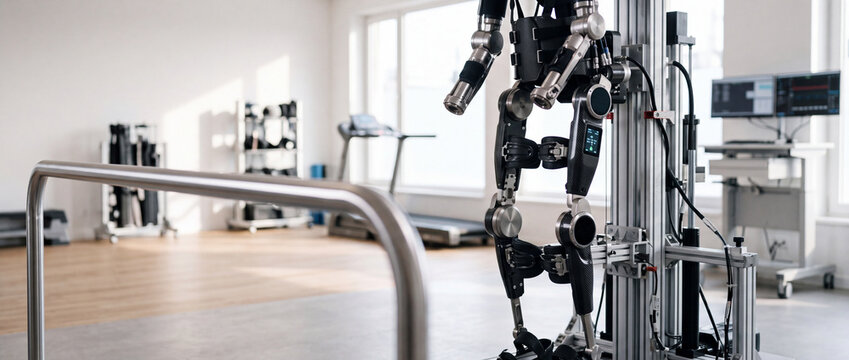 Robotic exoskeleton device in rehabilitation lab for physical therapy and gait training