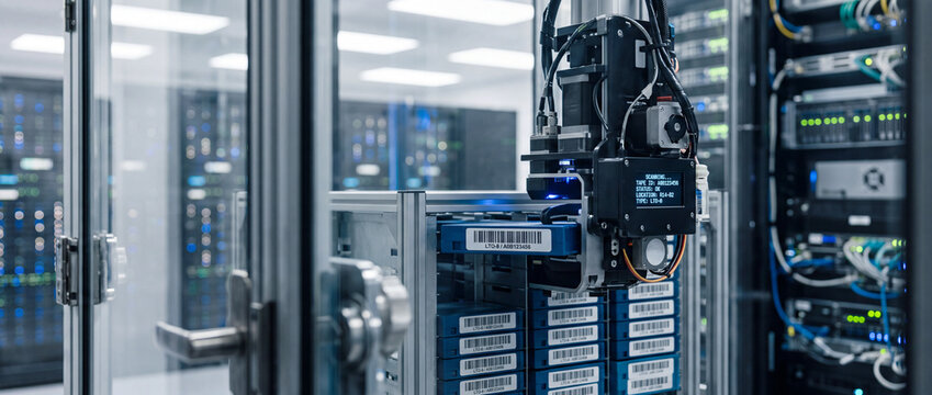Automated tape library and server racks in modern data center for backup and storage infrastructure