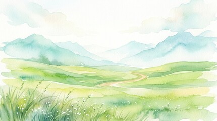 Fototapeta premium For nature lovers and landscape enthusiasts, a watercolor painting featuring a green field and majestic mountains in the background.