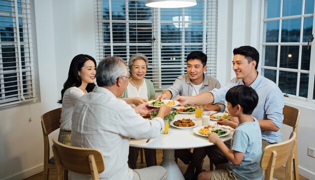 Happy multi-generational Asian family sharing a meal at a round table during dinner, family bonding and togetherness for domestic lifestyle and healthy eating at home