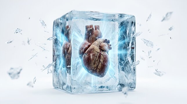 Anatomical human heart frozen inside a transparent ice cube