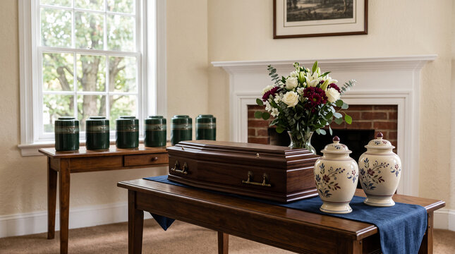 Display of various cremation urns on wooden pedestals inside a funeral home showroom.