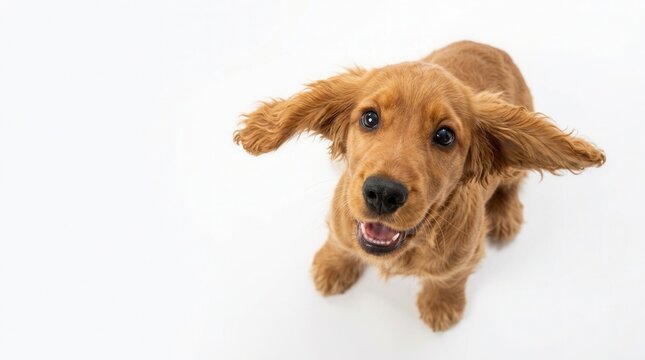 Action and movement concept featuring a happy, playful young white-brown English cocker spaniel pet isolated on white background.