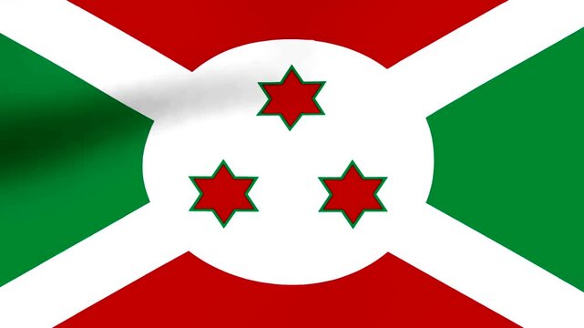 A high quality fluttering national flag of the Republic of Burundi featuring red green and white colors with three stars