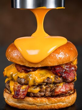 Close-up of a juicy double cheeseburger with crispy bacon and melted cheddar cheese being poured over the top, isolated against a dark background.