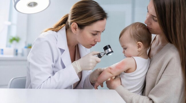 Dermatologist Examining Baby Skin Rash with Mother Present