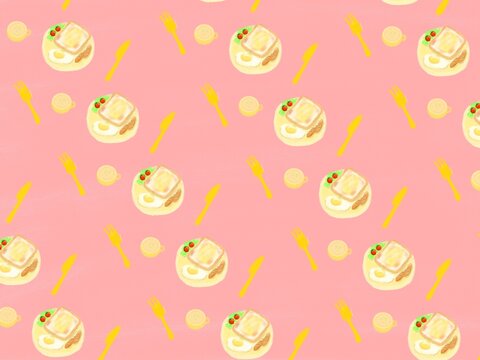 ピンクバックにナイフとフォーク、スープとサラダと食パンなどの定番朝ごはんセットが柄になった背景素材イラスト