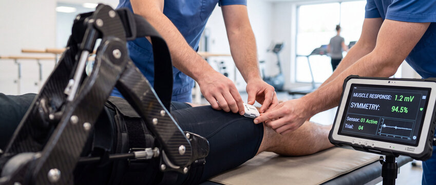 Physical therapy rehabilitation session with knee sensor and robotic support monitored by clinicians