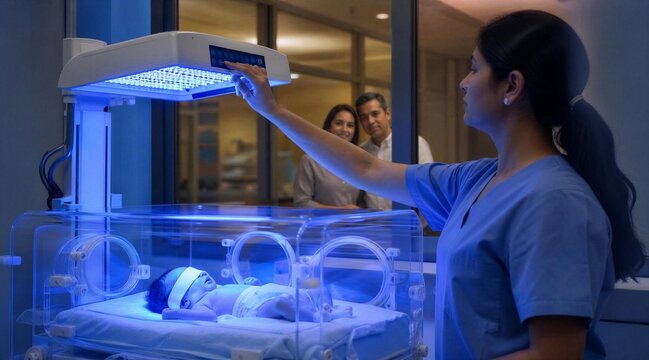 Nurse Adjusting Phototherapy Light Over Newborn in Incubator