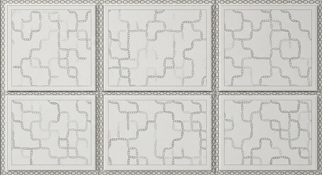 Six panels featuring monochromatic textures show interconnected pathways that mimic organic neural networks within a structured architectural framework which highlights the inherent depth