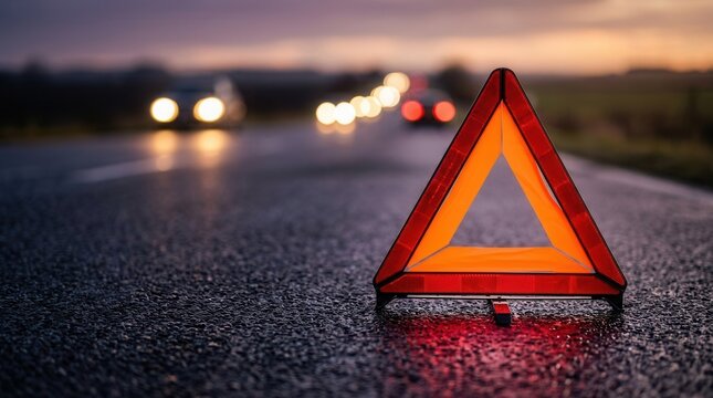 Ensuring safety with a reflective warning triangle active on a wet roadside during sunset after a vehicle breakdown or emergency