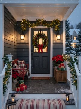 Festive winter porch decorated for christmas with wreath garlands and gifts in falling snow