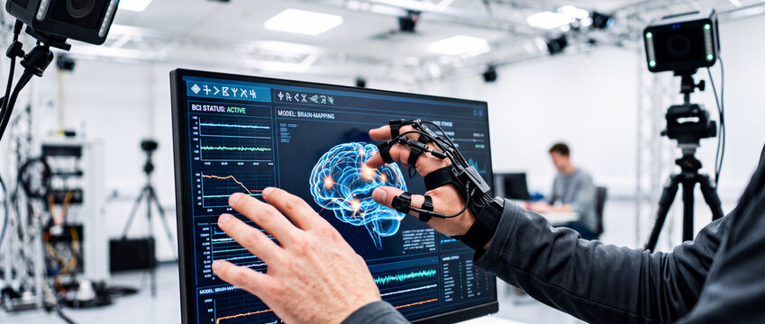 Brain mapping and BCI glove interface in high-tech neuroscience lab for neural research and human-machine control