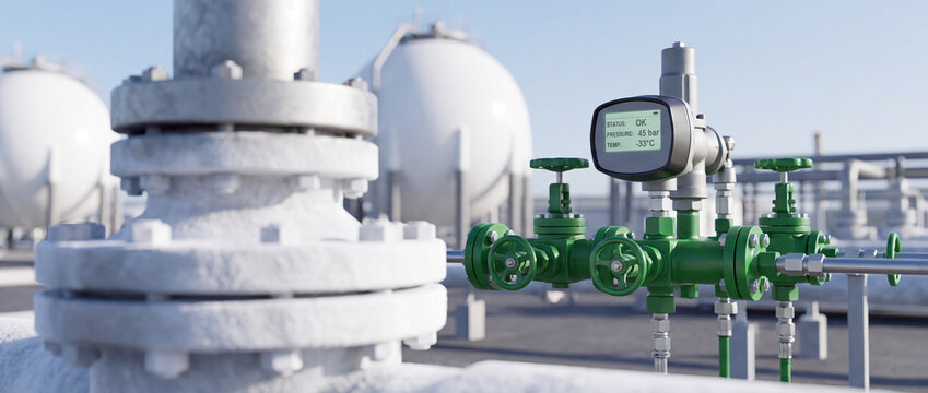 Industrial gas plant valves and pressure gauge on frozen pipelines at cryogenic storage facility