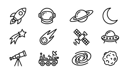 Set of 12 Space Contour Icons Astronomy and Cosmic Outline Vector Collection © Md Monirul
