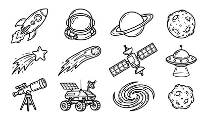 Hand Drawn Space Contour Icons Rocket Planet Moon and Galaxy Vector Set © Md Monirul