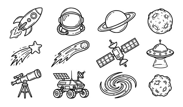Hand Drawn Space Contour Icons Rocket Planet Moon and Galaxy Vector Set