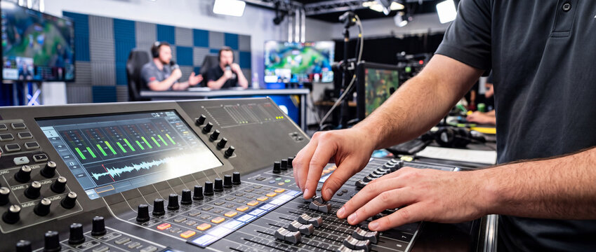 Audio engineer mixing live broadcast during esports studio production with commentators in background