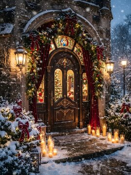 Festive winter scene with a decorated doorway and falling snow during the christmas season