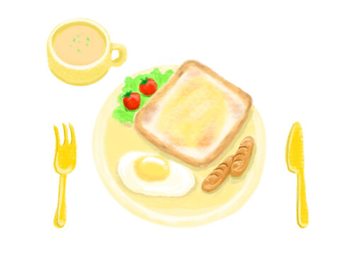 トーストと目玉焼きとウインナー・サラダのスープ付き朝ごはんセットイラスト