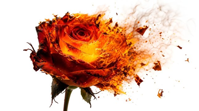 Burning red rose flower with bright orange fire flames